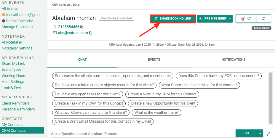 CRM Contacts booking